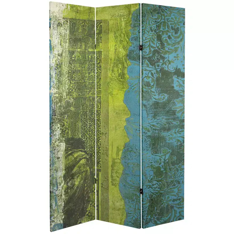 6" Double Sided Philosopher's Gate Canvas Room Divider Green: Oriental Furniture, Adjustable 3-Panel Screen