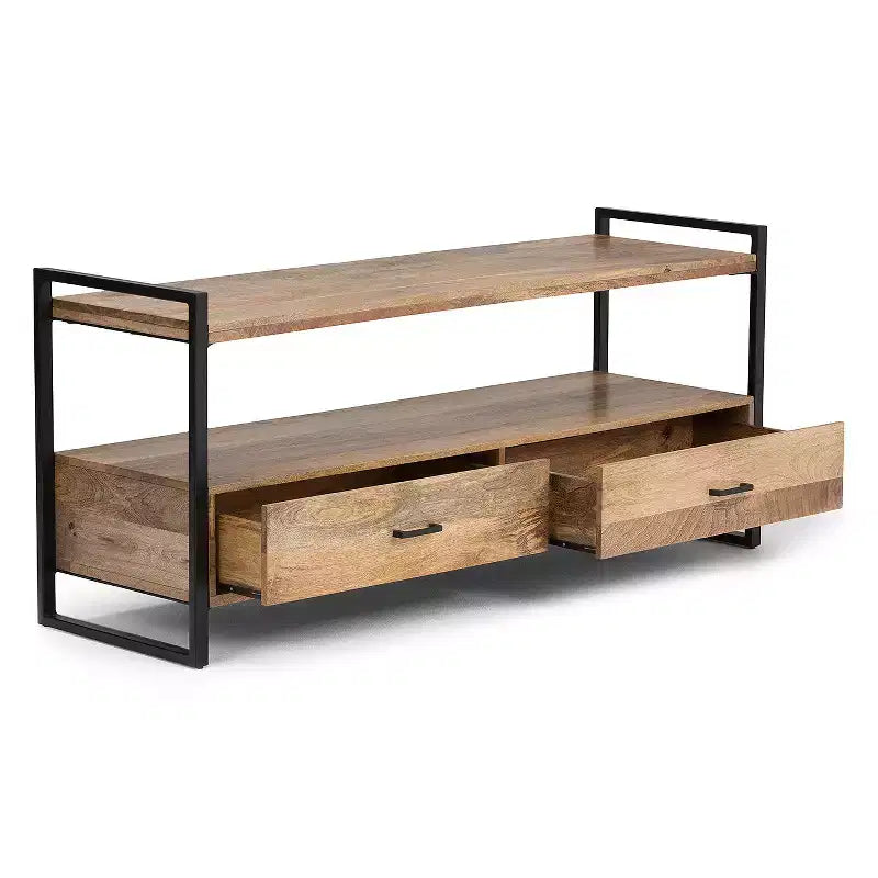 Lawson Solid Mango Wood TV Stand for TVs up to 66" Natural - WyndenHall: Farmhouse Style, 2 Drawers, Fixed Shelves