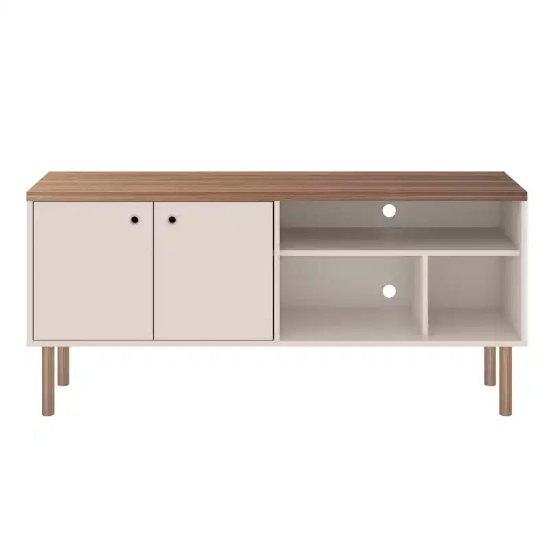Windsor TV Stand for TVs up to 50" White/Natural - Manhattan Comfort: Media Console with Open Shelves & Cabinet Storage