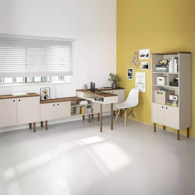 Meuble TV Windsor pour téléviseurs jusqu'à 50" Blanc/Naturel - Manhattan Comfort : Console multimédia avec étagères ouvertes et rangement avec portes