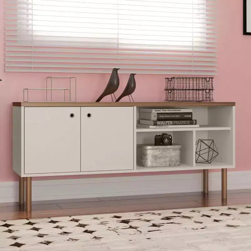 Meuble TV Windsor pour téléviseurs jusqu'à 50" Blanc/Naturel - Manhattan Comfort : Console multimédia avec étagères ouvertes et rangement avec portes