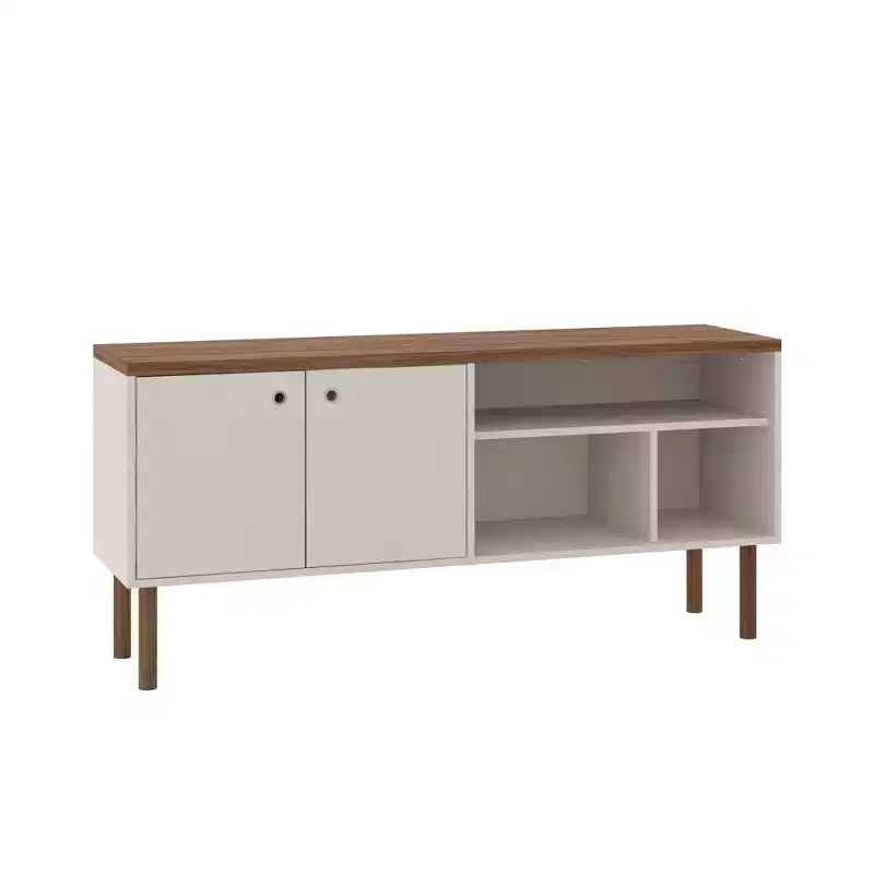 Meuble TV Windsor pour téléviseurs jusqu'à 50" Blanc/Naturel - Manhattan Comfort : Console multimédia avec étagères ouvertes et rangement avec portes