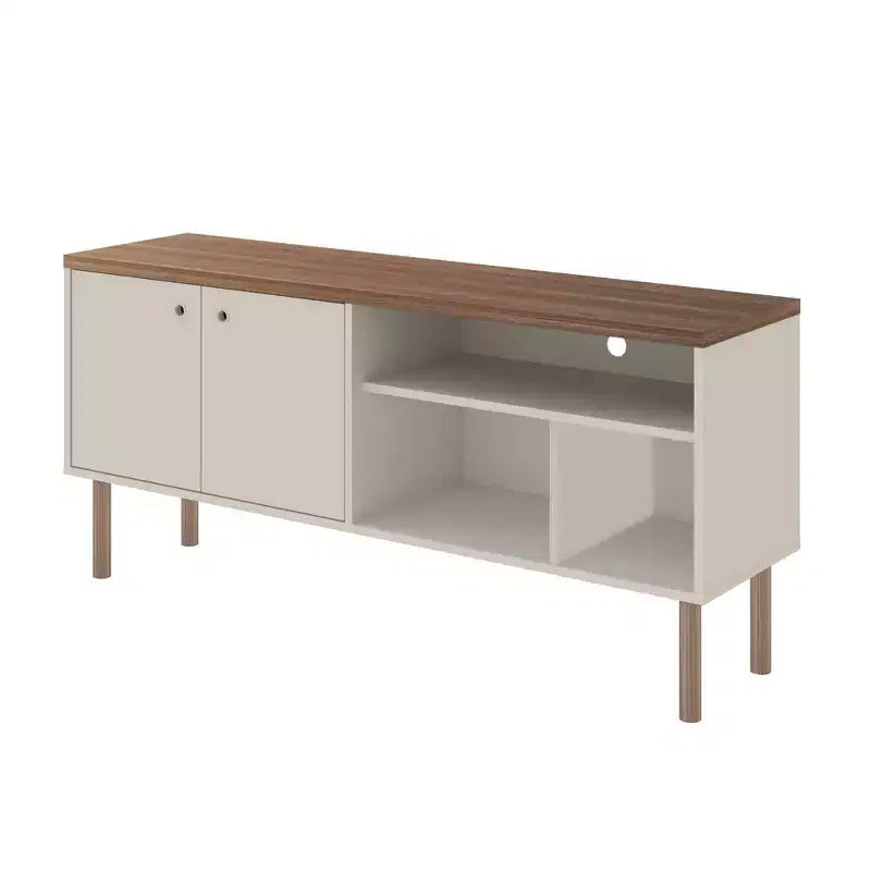 Meuble TV Windsor pour téléviseurs jusqu'à 50" Blanc/Naturel - Manhattan Comfort : Console multimédia avec étagères ouvertes et rangement avec portes