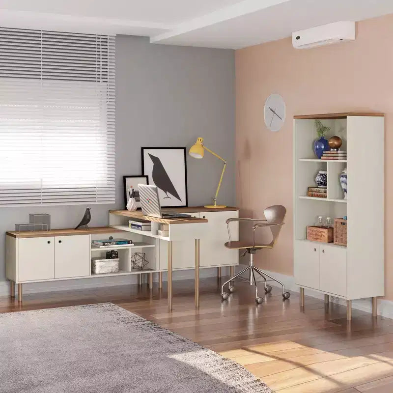 Meuble TV Windsor pour téléviseurs jusqu'à 50" Blanc/Naturel - Manhattan Comfort : Console multimédia avec étagères ouvertes et rangement avec portes