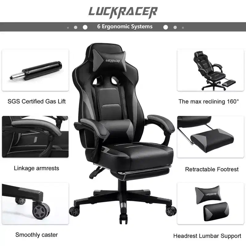 LUCKRACER Gaming Chair with Footrest High Back Computer Desk Chair Office Chair Gray