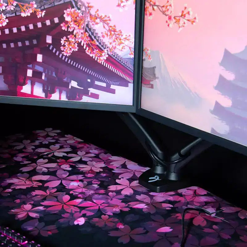 Arozzi Special Edition Ultrawide Curved Gaming and Office Desk and Washable Mouse Pad and 3 Custom Monitor Mount Cut Outs with Cable Management Flower