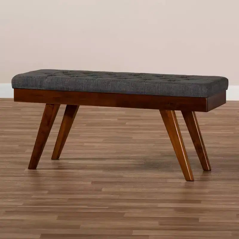 Baxton Studio Alona Medium Wood Dining Bench Gray - : Mid-Century Design, Tapered Legs, Polyester Upholstery, Entryway Seating