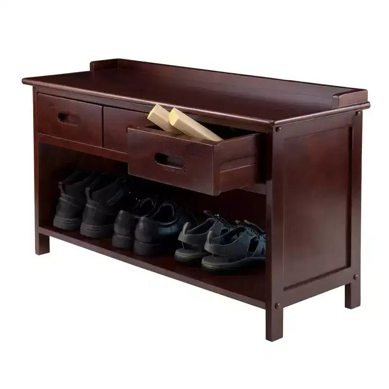 4pc Adriana Storage Bench Set with 3 Foldable Black Fabric Baskets Antique Walnut - Winsome: Entryway Cubby Organizer, Shoe Rack