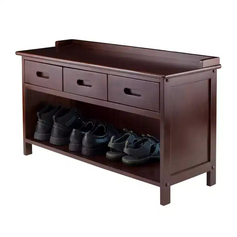 4pc Adriana Storage Bench Set with 3 Foldable Black Fabric Baskets Antique Walnut - Winsome: Entryway Cubby Organizer, Shoe Rack