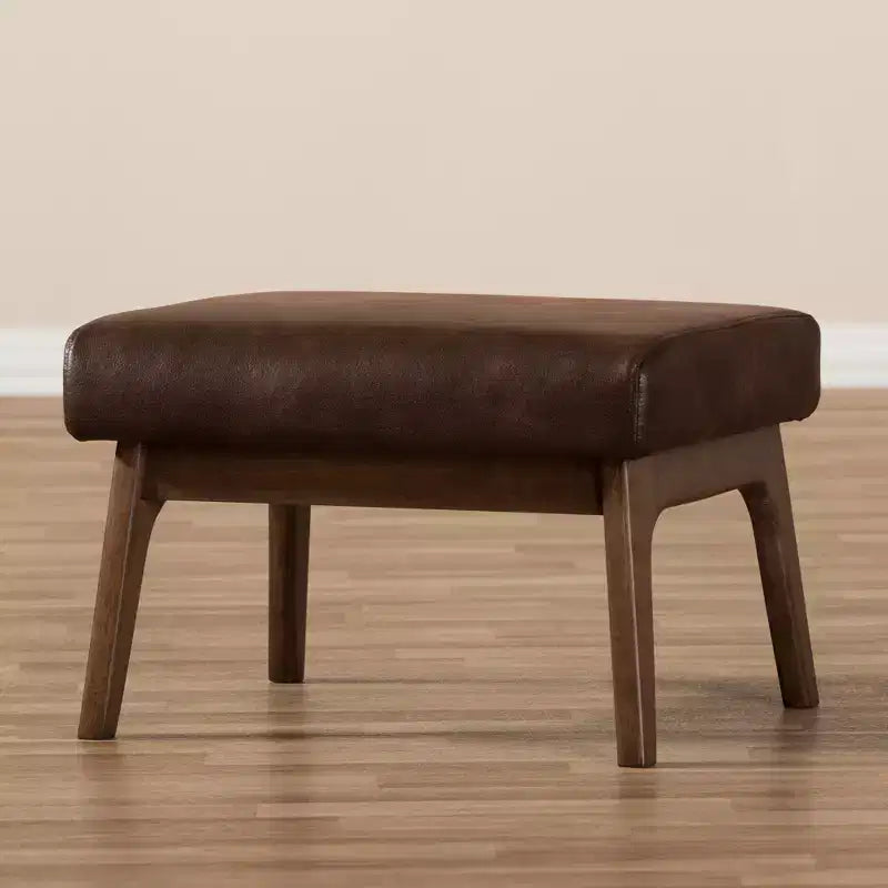 Bianca Mid Century Modern Walnut Wood Ottoman: Rubberwood Frame & Faux Leather - Baxton Studio