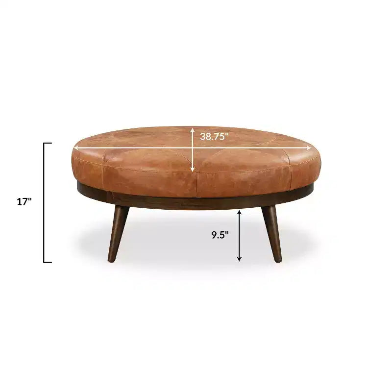 Poly & Bark Gio Italian Leather Ottoman Cognac Tan: Upholstered Padded Seat, Wood Frame, Oval Shape, 17" Height