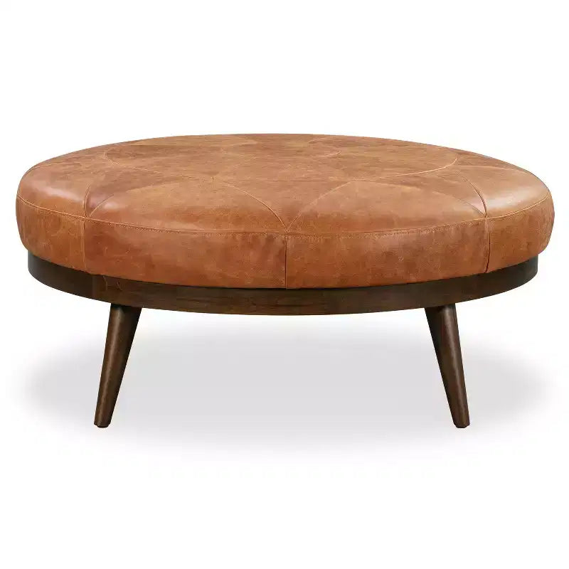 Poly & Bark Gio Italian Leather Ottoman Cognac Tan: Upholstered Padded Seat, Wood Frame, Oval Shape, 17" Height
