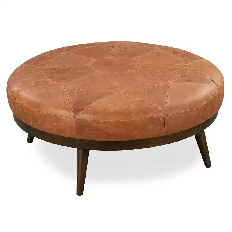 Poly & Bark Gio Italian Leather Ottoman Cognac Tan: Upholstered Padded Seat, Wood Frame, Oval Shape, 17" Height