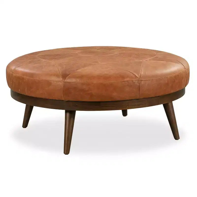 Poly & Bark Gio Italian Leather Ottoman Cognac Tan: Upholstered Padded Seat, Wood Frame, Oval Shape, 17" Height