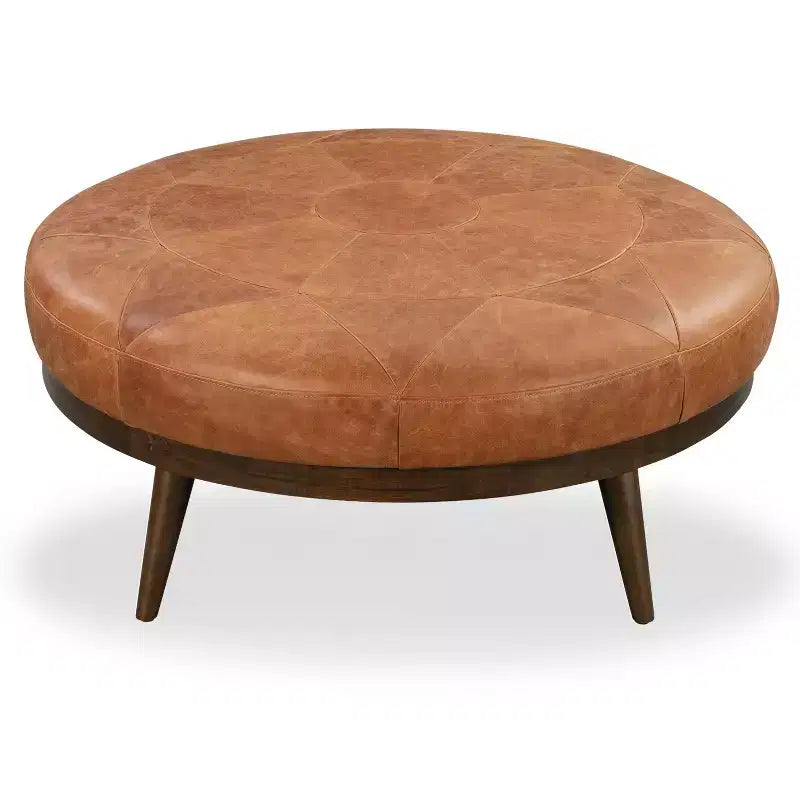 Poly & Bark Gio Italian Leather Ottoman Cognac Tan: Upholstered Padded Seat, Wood Frame, Oval Shape, 17" Height