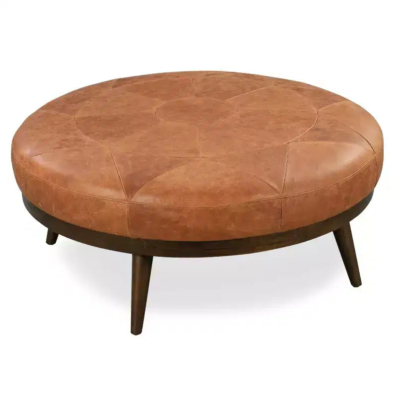 Poly & Bark Gio Italian Leather Ottoman Cognac Tan: Upholstered Padded Seat, Wood Frame, Oval Shape, 17" Height