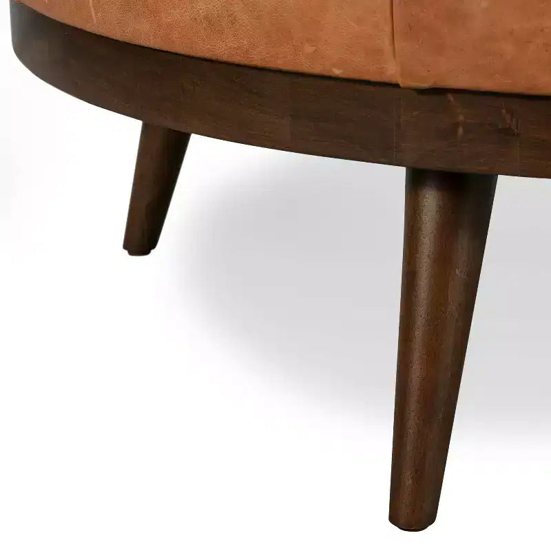 Poly & Bark Gio Italian Leather Ottoman Cognac Tan: Upholstered Padded Seat, Wood Frame, Oval Shape, 17" Height