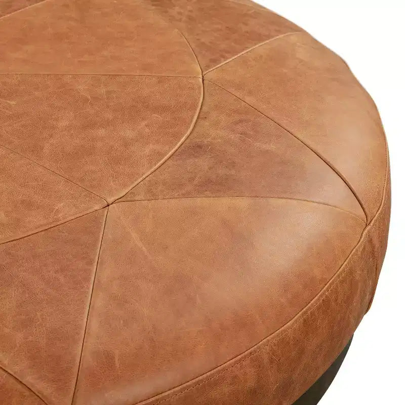 Poly & Bark Gio Italian Leather Ottoman Cognac Tan: Upholstered Padded Seat, Wood Frame, Oval Shape, 17" Height
