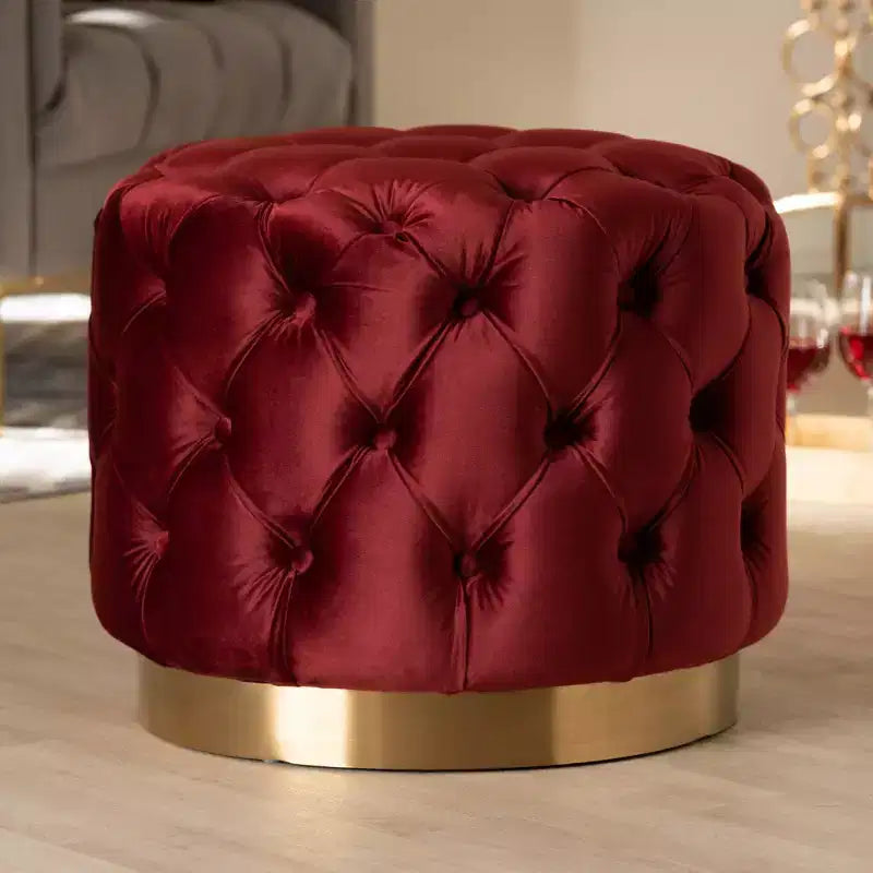 Valeria Velvet Bouton Touffeté Ottomane Bruyère Bourgogne - Baxton Studio