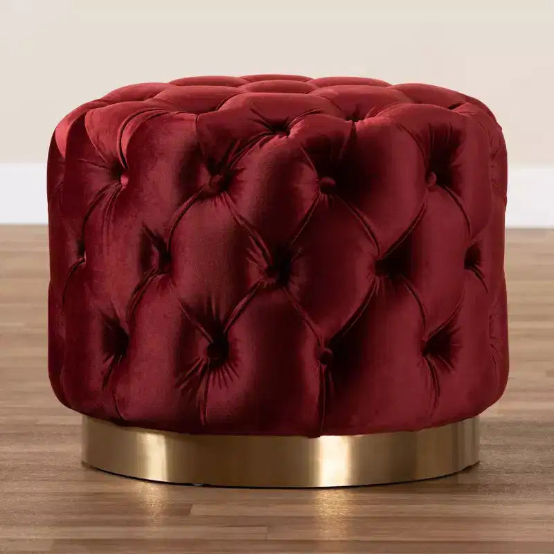 Valeria Velvet Bouton Touffeté Ottomane Bruyère Bourgogne - Baxton Studio