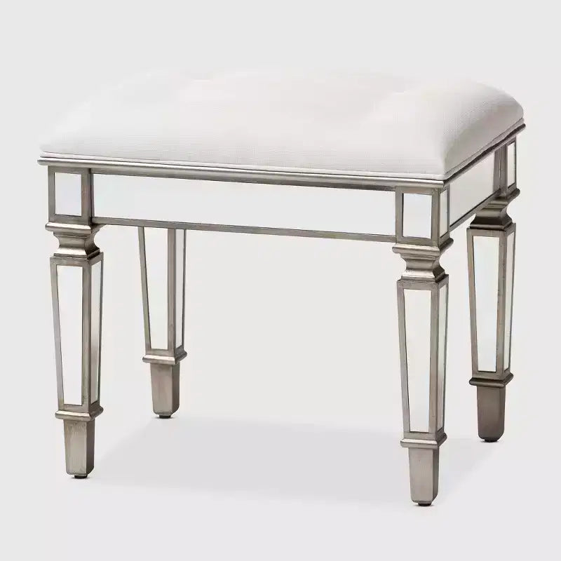 Marielle Fabric Upholstered Mirrored Ottoman Vanity Bench White - BaxtonStudio