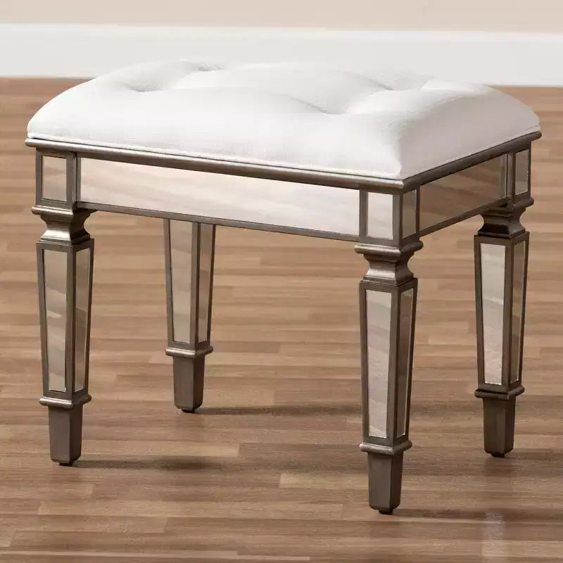 Marielle Fabric Upholstered Mirrored Ottoman Vanity Bench White - BaxtonStudio