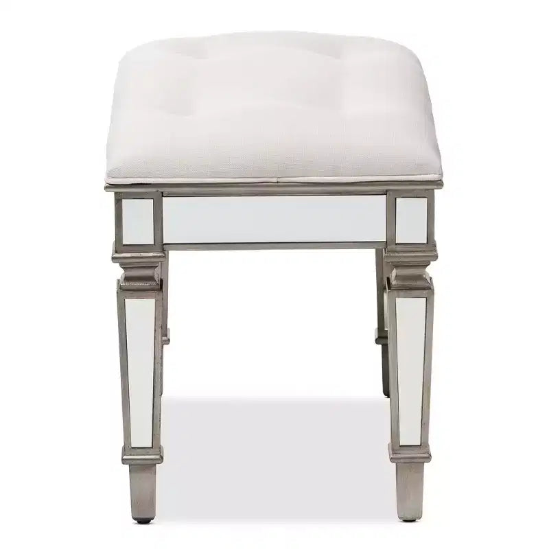 Marielle Fabric Upholstered Mirrored Ottoman Vanity Bench White - BaxtonStudio