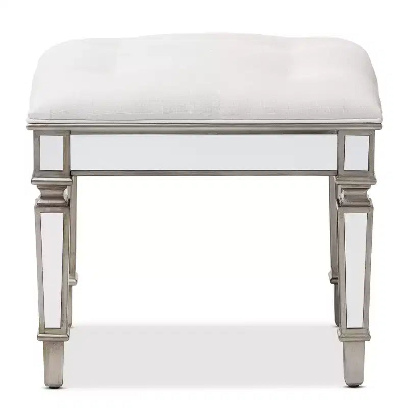 Marielle Fabric Upholstered Mirrored Ottoman Vanity Bench White - BaxtonStudio