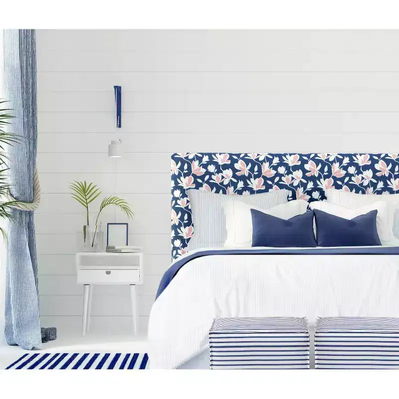 Skyline Furniture French Seam Ottoman in Nautical Stripe Navy: Modern Footstool, No Assembly, Wood Frame