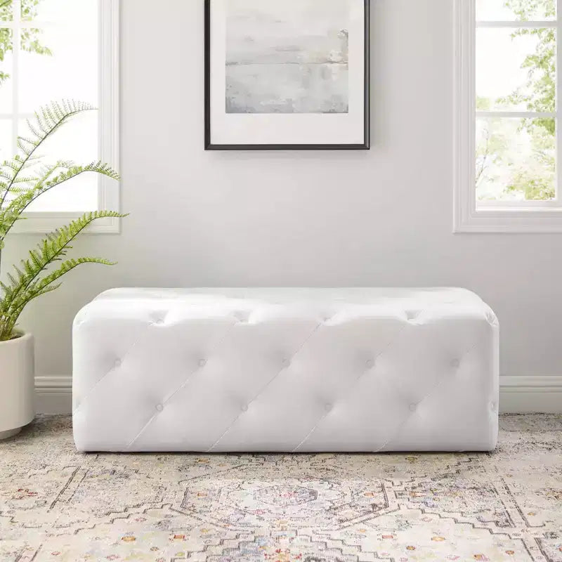 48" Amour Tufted Button Entryway Faux Leather Bench White - Modway: Vegan, MDF Composite Frame, No Assembly Required