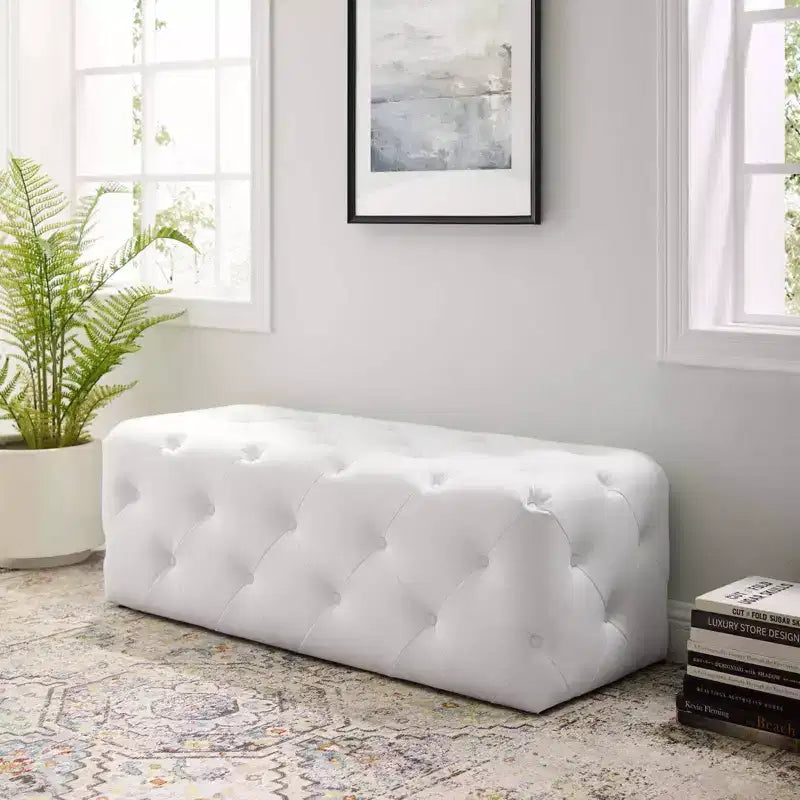 48" Amour Tufted Button Entryway Faux Leather Bench White - Modway: Vegan, MDF Composite Frame, No Assembly Required