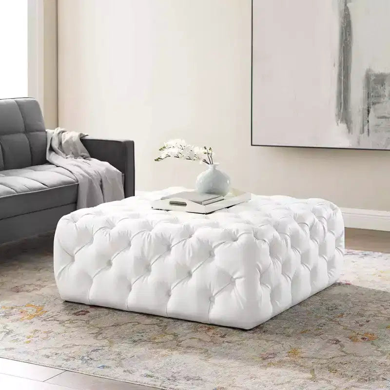 Modway Amour Tufted Button Large Square Faux Leather Ottoman White : Mid-Century Modern, No Assembly, MDF Frame