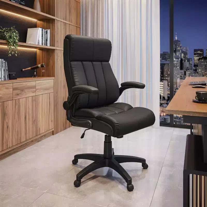 Medium Back Manager Chair with Flip-up Black - Techni Mobili: Stitched Techniflex, Built-in Support, 5-Star Base
