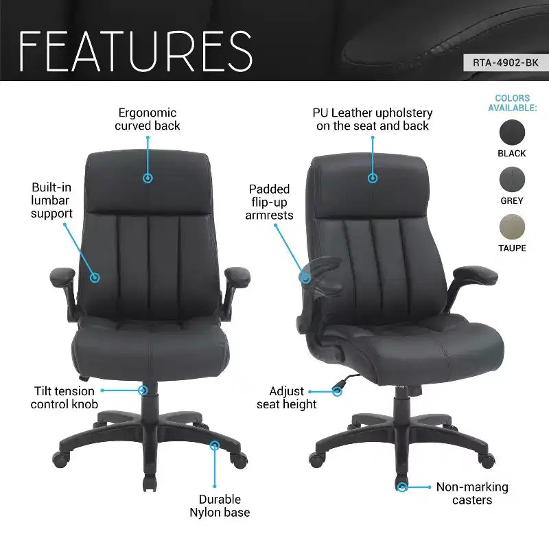 Medium Back Manager Chair with Flip-up Black - Techni Mobili: Stitched Techniflex, Built-in Support, 5-Star Base