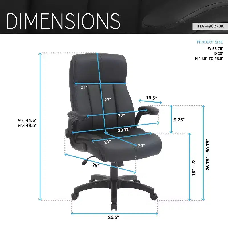 Medium Back Manager Chair with Flip-up Black - Techni Mobili: Stitched Techniflex, Built-in Support, 5-Star Base