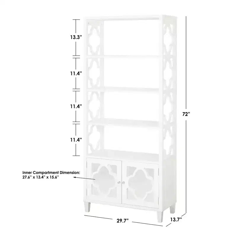 Lifestorey 72" Broadway Bookshelf White: Mid-Century Modern Storage Combination with Fixed Shelves & Doors