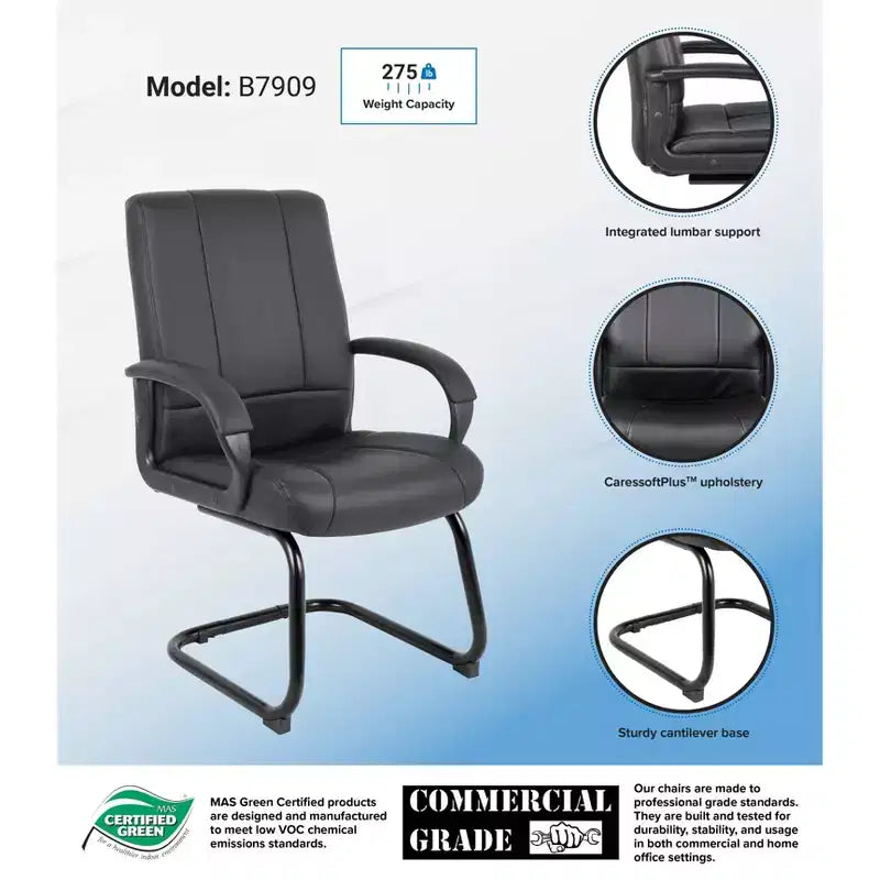 Caressoft Mid Back Guest Chair Black - Boss Office Products: Upholstered, Metal Frame, Fixed Arms