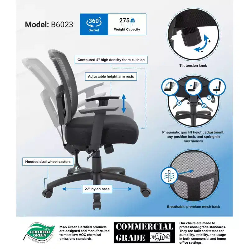 Boss Office Products Task Chair Multifunction Black: Ergonomic Mesh Back, Adjustable Seat Height & Swivel