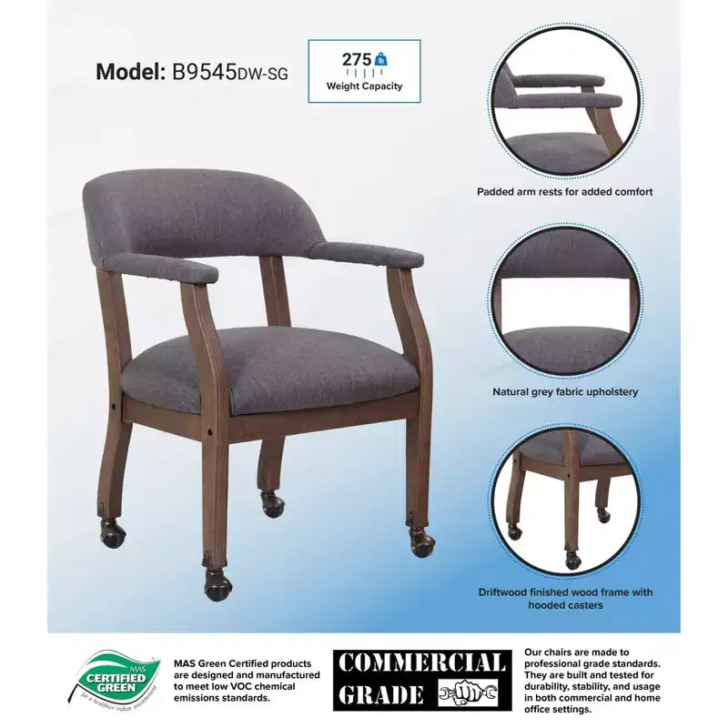 Boss Office Products Modern Captain's Chair with Casters Slate Gray: Upholstered Desk Chair with Nailhead Trim, Fixed Arms