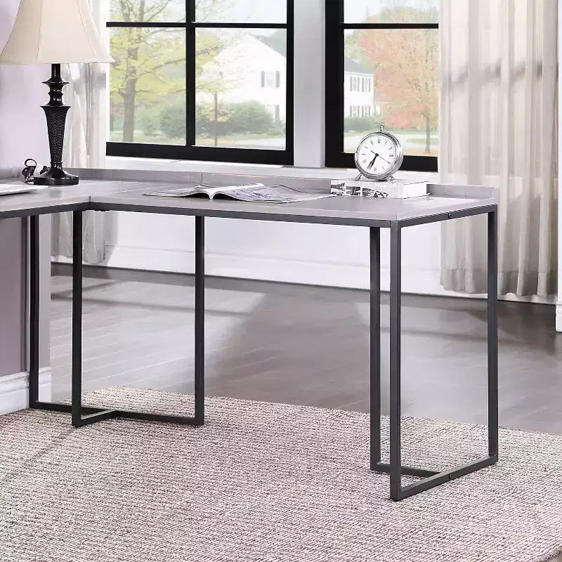 Marga L-Shape Desk with USB Port and Power Plug-In Gray - miBasics: Pine Veneer, Metal Frame, Charging Station