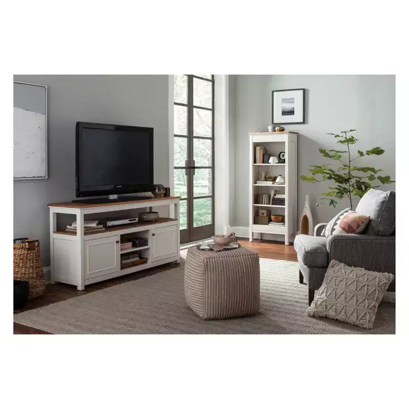 60" Savannah Tall Bookshelf Ivory with Natural Wood Top - Alaterre Furniture
