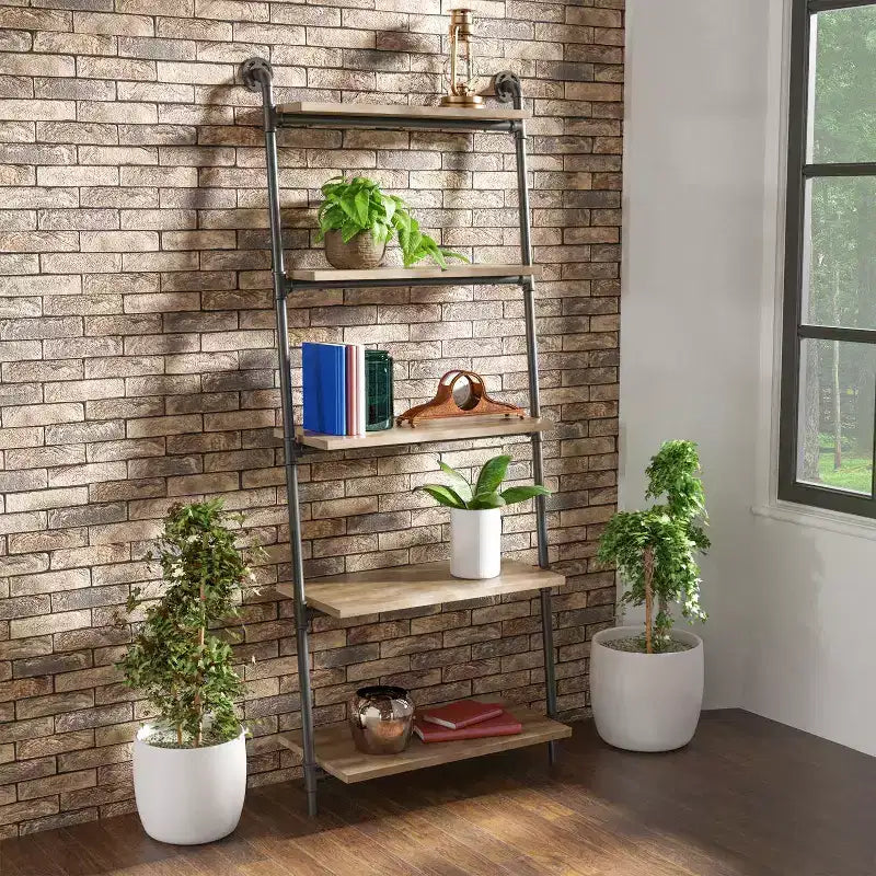 HOMES: Inside + Out 61" Mateo 5 Layer Ladder Book Shelves Brown/Oak