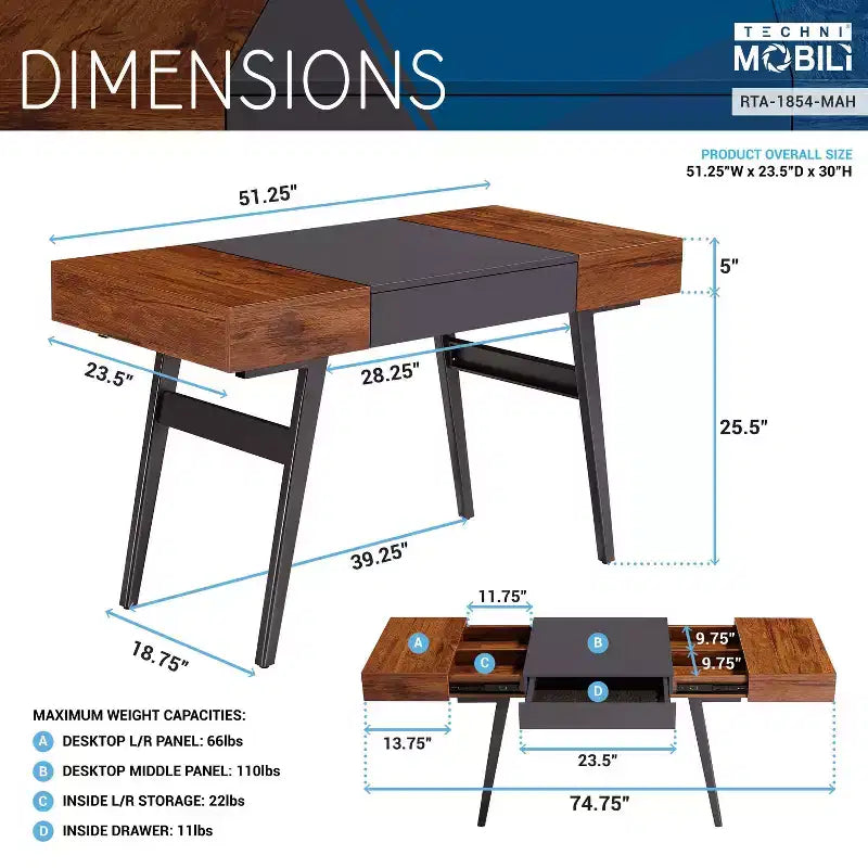 Techni Mobili Expandable Modern Desk with Storage Mahogany: Laminated MDF, Steel Frame, 5-Year Warranty