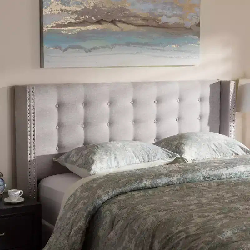 King Ginaro Modern Tufted Nail Head Winged Headboard Gray - Baxton Studio: Upholstered, Contemporary Design