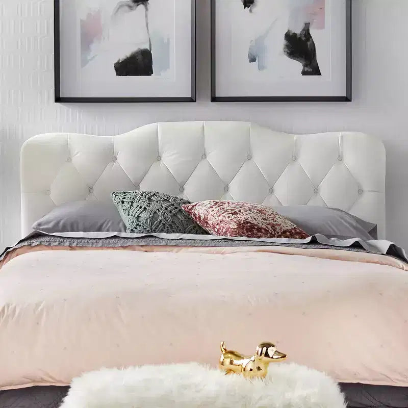 Buylateral Queen Tessa Upholstered Velvet Bed White: Camel-Back Headboard, No Box Spring Required