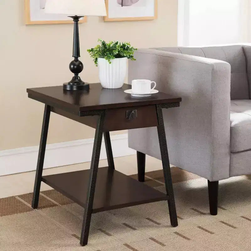 Empiria Modern Industrial Drawer End Table Brown - Leick Home: Welded Steel, Mission Style, Open Shelf