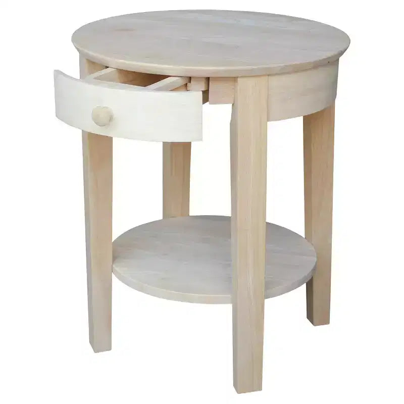 Table d'appoint Philips en bois – International Concepts : Bois d'hévéa massif, ronde, avec étagère de rangement