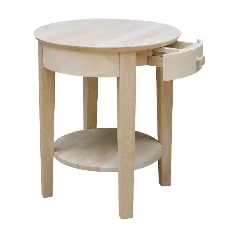 Table d'appoint Philips en bois – International Concepts : Bois d'hévéa massif, ronde, avec étagère de rangement