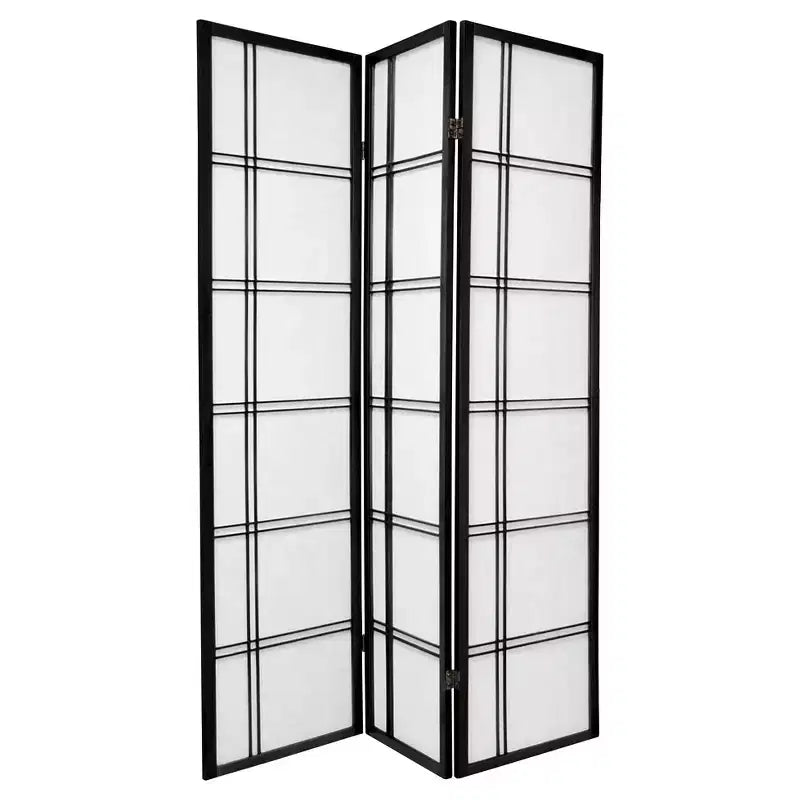 Oriental Furniture 6 ft. Tall Double Cross Shoji Screen - Black (3 Panels):Hardwood Frame, Metal Hardware, No Assembly Required