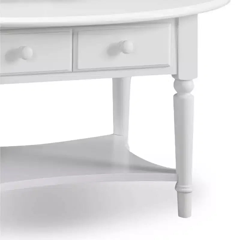 Leick Home Coffee Table White: Oval Rubberwood, 36" Width, Living Room Furniture with Storage Shelf